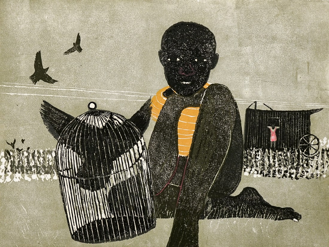 Walter Williams Color Woodblock [Caged Bird]: Walter Williams Color Woodblock [Caged Bird, 1966]. Signed and number 156/210. Measures 21.75 x 27.75 inches sheet size. Lot measures 22 x 28 x .5 inches for shipping purposes only. Unframed, loose an