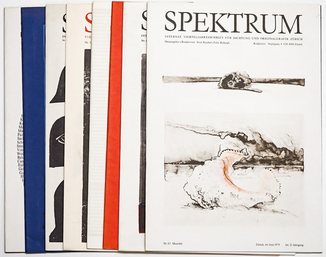Spektrum (7 Issues) Internat Swiss Art: Seven (7) issues of Spektrum Art Magazines. Each complete with no missing or torn pages. Also includes 4 pp. related brochure. Measures 17.375 x 12.25 x .75 in. Lot measures17.375 x 12.25 x .75 in.
