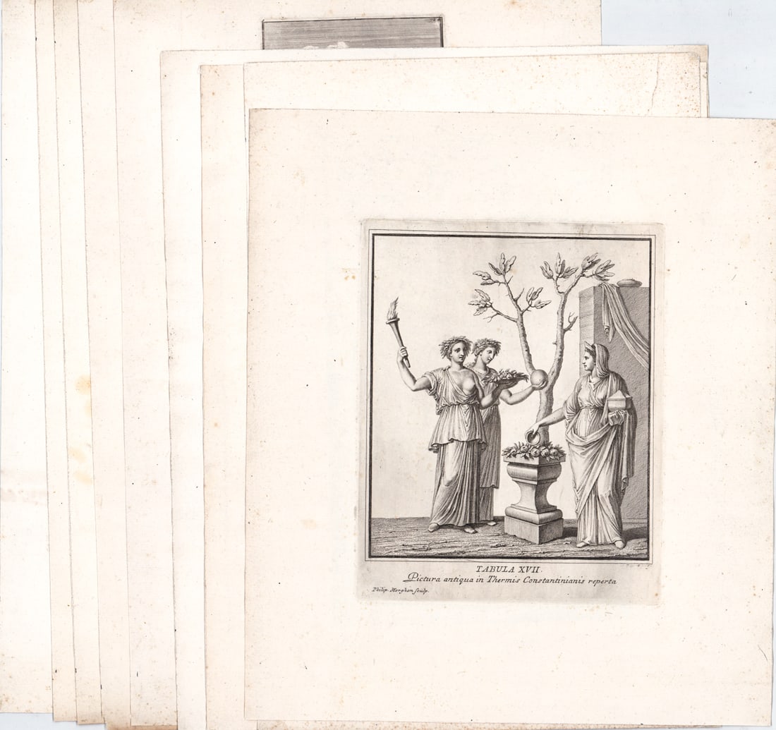Antique (9) Etchings: Nine (9) sheets with 14 total etchings. Sheets measure 15.75 to 19.75 in. x 11.75 to 14 in. Lot measures 19.75 x 14 x .25 in. for shipping purposes only. Unframed, loose and not mounted or glued down.