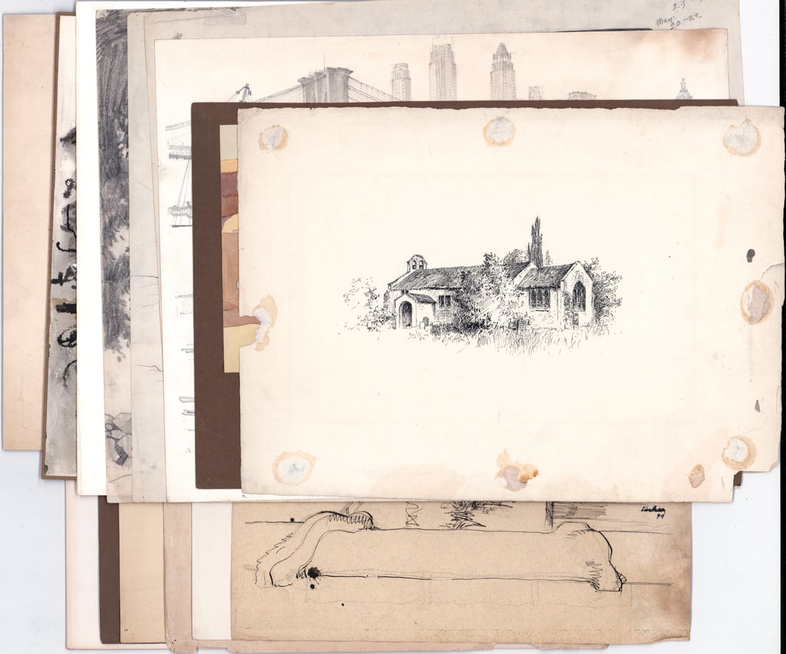 Original Art (15) Works on Paper: Fifteen (15) original art works. Measure 13 to 17.25 in. x 13 to 17.5 in. Lot measures 17.5 x 14 x .75 in. for shipping purposes only. Several mounted or tipped in to sheets or paperboard. The