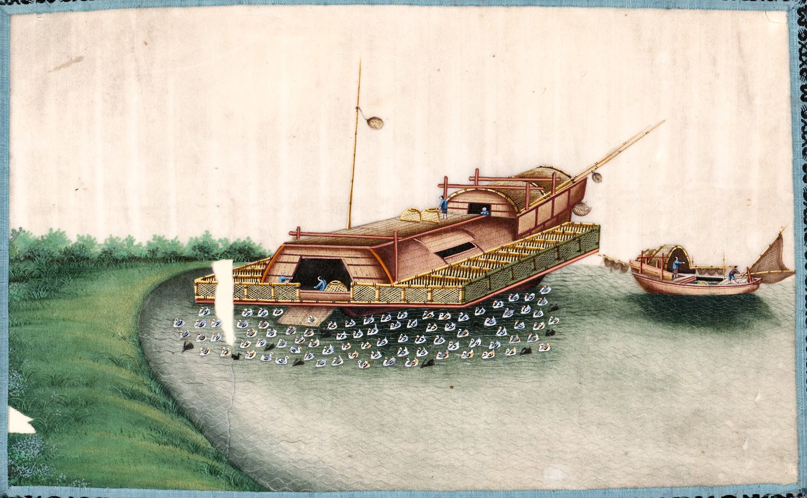 Chinese Pith Painting: Chinese Pith painting with embroidered edges mounted to paper. Some paper loss (see photos). Sight size measures 6.75 to 11 in. Sheet measures 17 x 11 in. Lot measures 16 x 14 x .25 in. for shipping