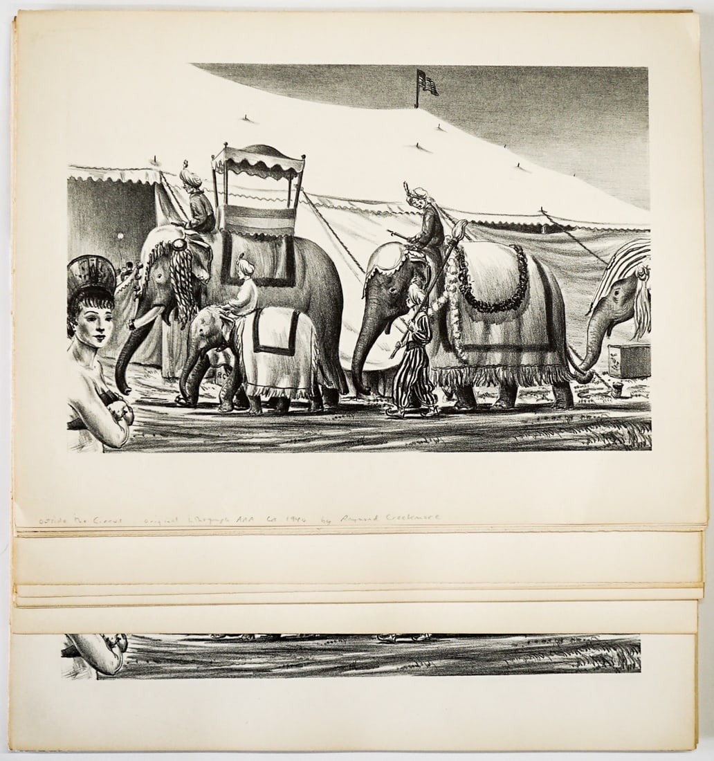 Raymond Creekmore Signed Lithographs (NOS, 54): Raymond Creekmore Group of (54) NOS, New Old Stock, pencil signed lithographs [Outside The Circus]. All fifty four in this lot are the same image. Unsigned. They measure 12 x 16 inches sheet size.