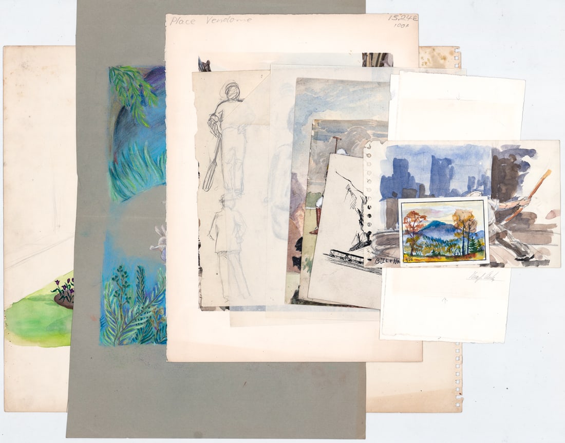 Original (13) Works on Paper / Studies: Thirteen (13) original art works on paper. Sheets measure up to 19.5 x 15.75 in. Lot measures 20 x 16 x .5 in. for shipping purposes only. Unframed, loose and not mounted or glued down. The absence