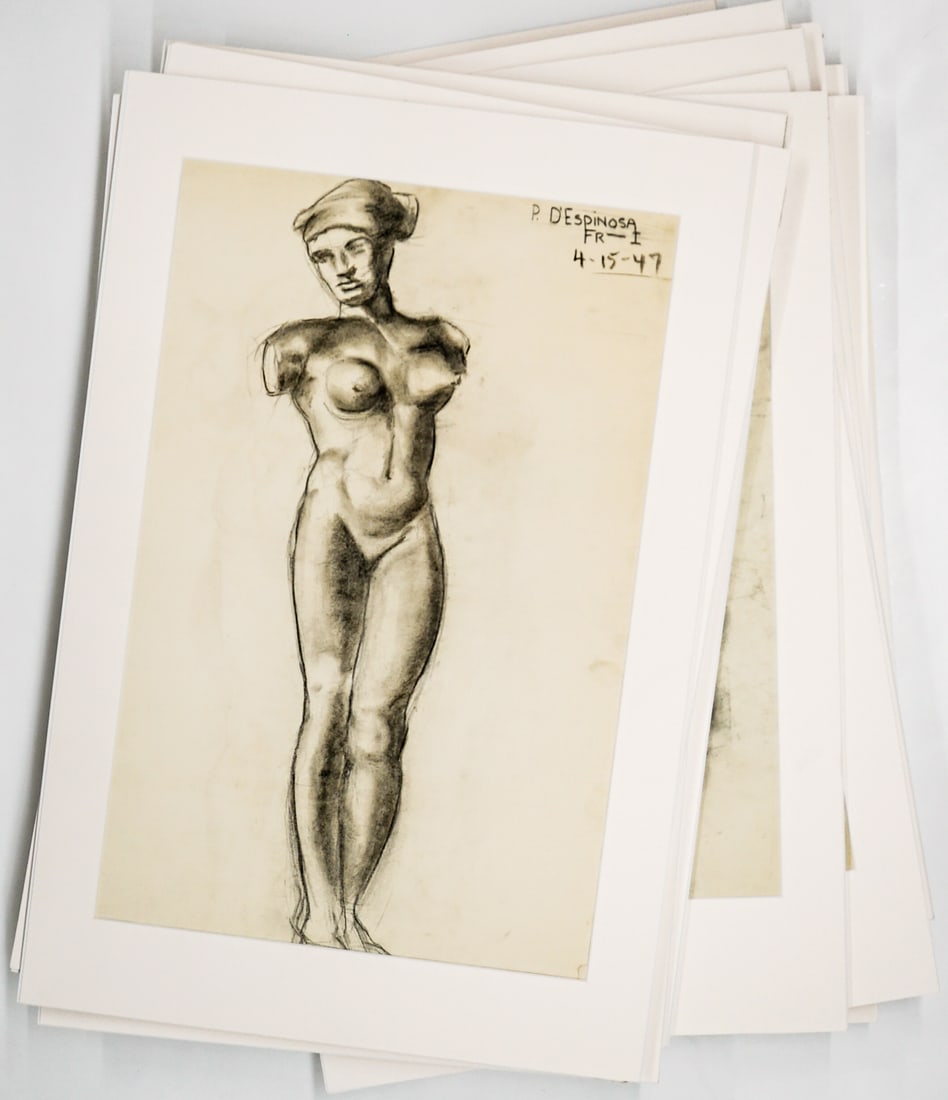 Paul D'Espinosa Archive of Student Drawings: [Nudes, Portraits, Art Student Studies] They measure 15.75 x 24 inches to 22 x 16.5 inches sight size. Matted, unframed, loose and not mounted or glued down. Lot measures 24 x 30 x 6 inches for