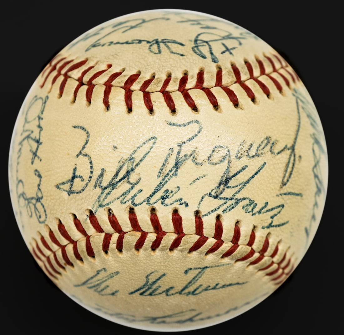 1957 New York Giants Team Signed Baseball: 1957 New York Giants Team Signed ONL Baseball. This baseball has 26 signatures including Willie Mays, Monte Irvin, Bobby Thomson, Danny O'Connell and more. The Bill Rigney was retraced in blue ink. Ov