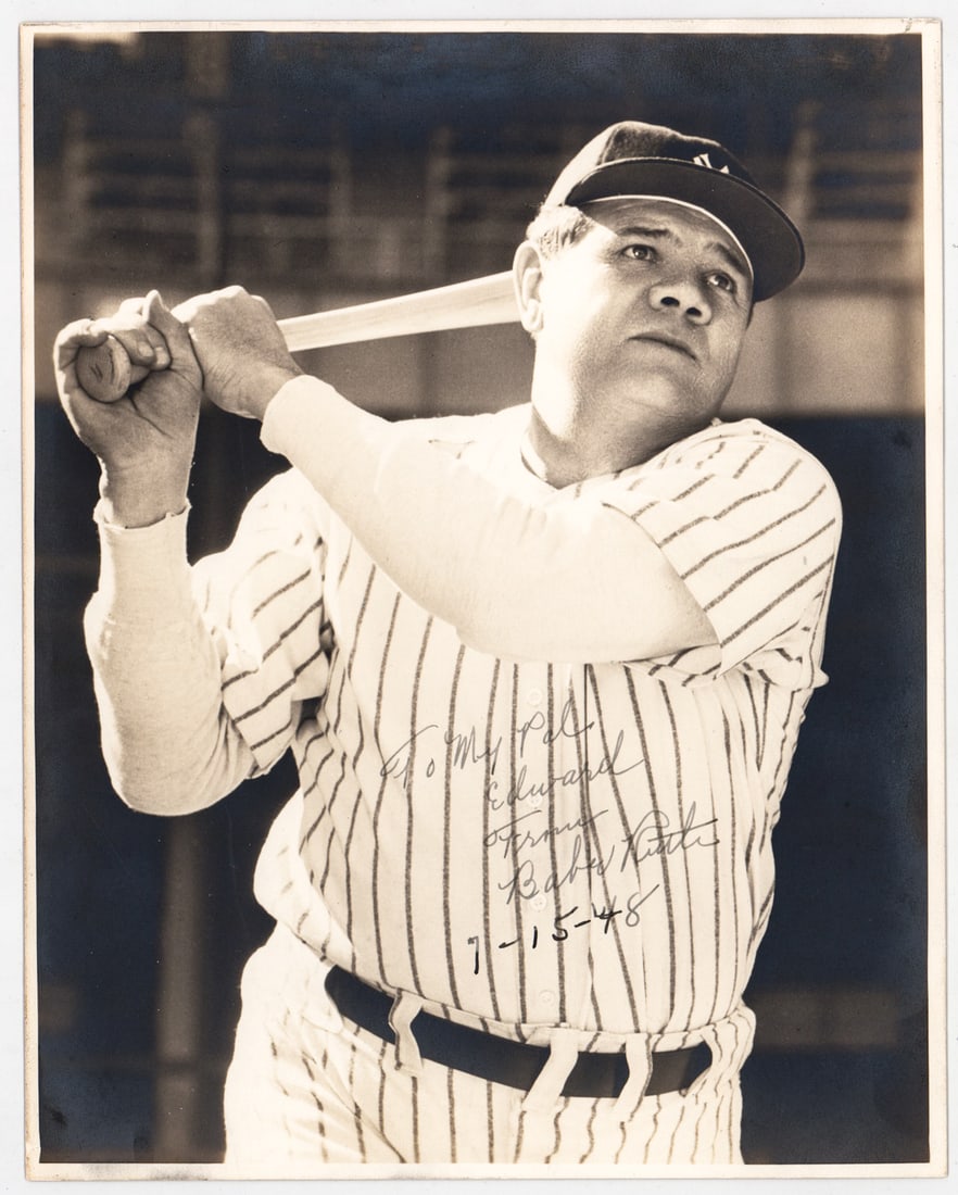 Babe Ruth Inscribed Photo: Includes Beckett Authentication Services Full Letter of Authenticity #AE48699. Measures 9.75 x 7.75 inches. VG-EX/EX condition. For shipping purposes measures 9 x 11 x .5 inches. The absence of a cond