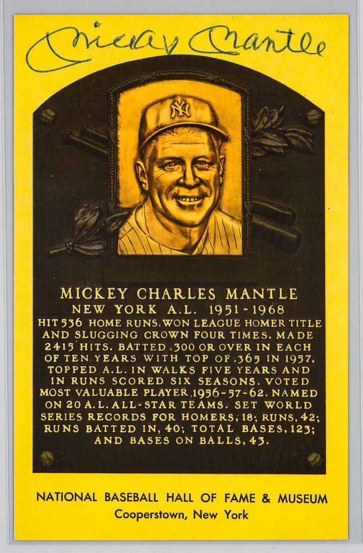 Mickey Mantle Signed Yellow Hall of Fame Postcard: Beckett Authentication Services #AE48688. EX+/NM. For shipping purposes measures 9 x 11 x .5 inches. The absence of a condition report does not imply that the lot is in perfect condition or completely