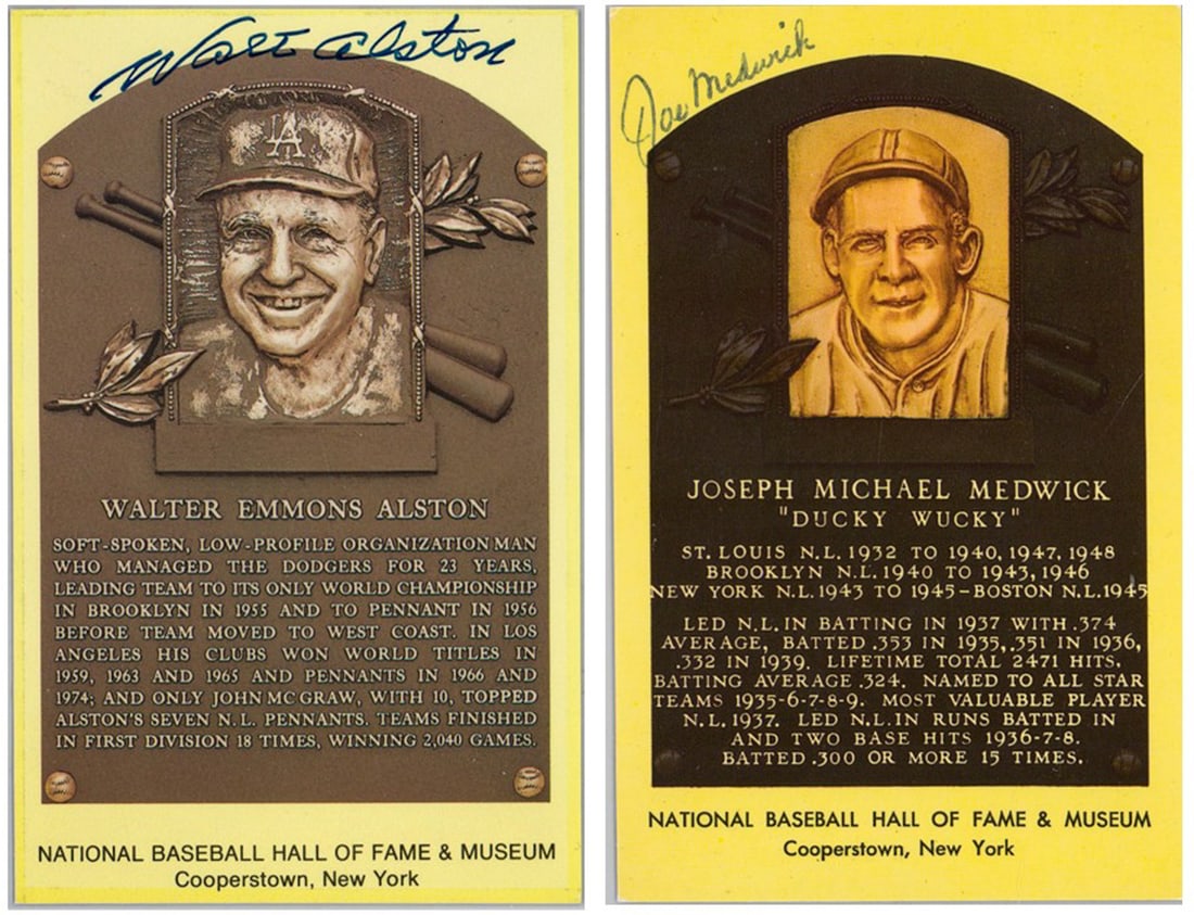 Joe Medwick & Walt Alston Signed HOF Postcards: Beckett Authentication Services #AE48689 and AE48692. For shipping purposes measures 9 x 11 x .5 inches. The absence of a condition report does not imply that the lot is in perfect condition or comple