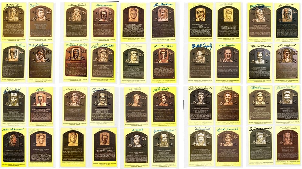 (40) Hall of Fame Signed Plaque Postcards: All certified authentic by Beckett Authentication Services. For shipping purposes measures 11.75 x 8.75 x .5 inches. The absence of a condition report does not imply that the lot is in perfect conditi