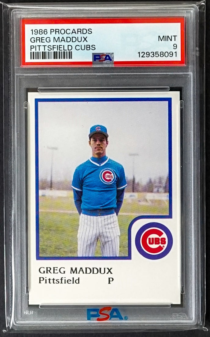 1986 PROCARDS GREG MADDUX - PITTSFIELD CUBS: 1986 PROCARDS GREG MADDUX - PITTSFIELD CUBS - PSA 9 MINT - CUBS - HOFer! For shipping purposes measures 5.5 x 3.5 x .25 inches. The absence of a condition report does not imply that the lot is in perf
