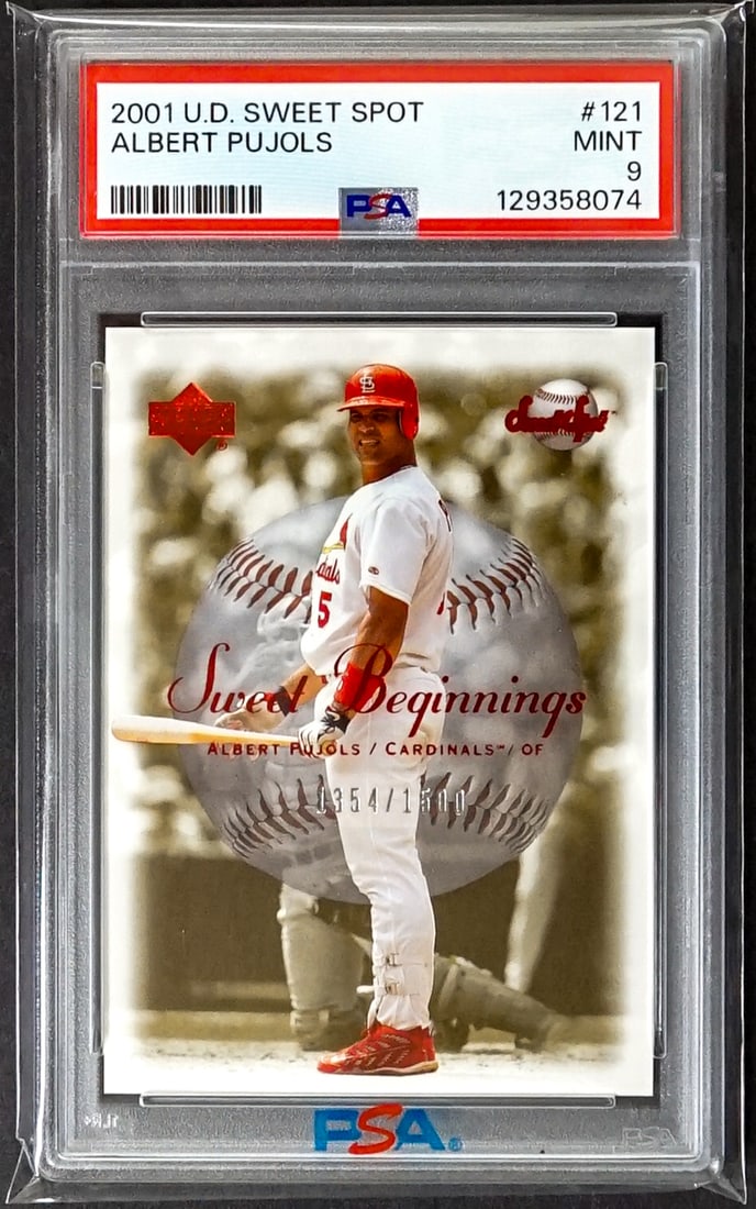 Albert Pujols 2001 Upper Deck Sweet Spot #121: Albert Pujols 2001 Upper Deck Sweet Spot #121 PSA 9. Number 1354/1500. For shipping purposes measures 5.5 x 3.5 x .25 inches. The absence of a condition report does not imply that the lot is in perfec