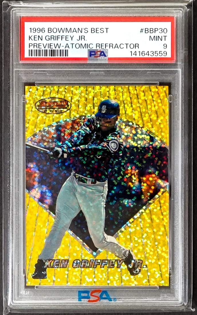 Ken Griffey, Jr. 1996 Bowman's Best #BBP30 PSA 9: Ken Griffey, Jr. 1996 Bowman's Best #BBP30 Preview Atomic Refractor PSA 9 For shipping purposes measures 5.5 x 3.5 x .25 inches. The absence of a condition report does not imply that the lot is in per