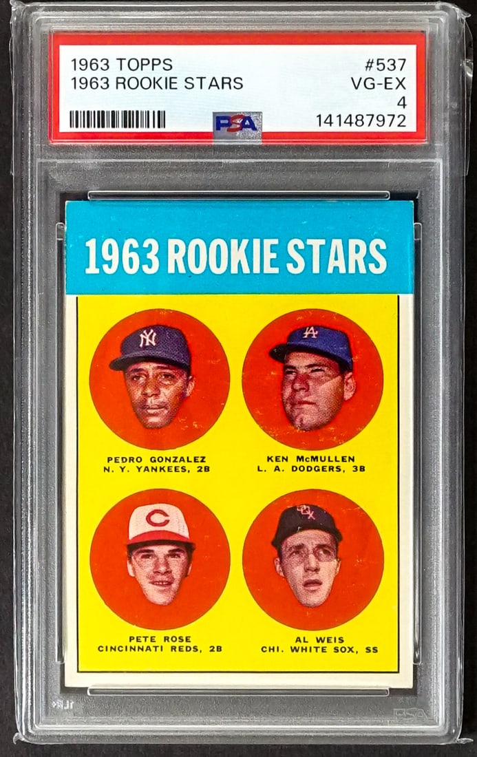 Pete Rose 1963 Topps #537 Rookie Stars PSA 4: Pete Rose 1963 Topps #537 Rookie Stars PSA 4. [Nice Centering] For shipping purposes measures 5.5 x 3.5 x .25 inches. The absence of a condition report does not imply that the lot is in perfect condit
