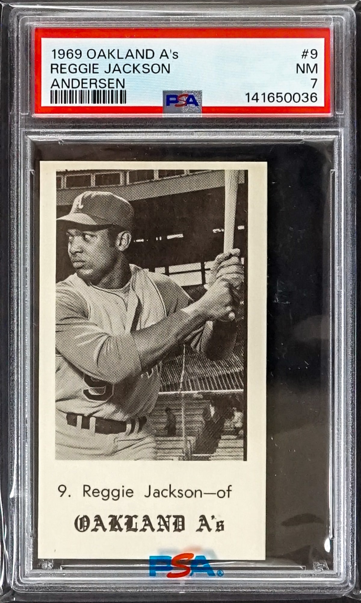 Reggie Jackson 1969 Oakland A's Andersen PSA 7: Reggie Jackson 1969 Oakland A's Andersen PSA 7. For shipping purposes measures 5.5 x 3.5 x .25 inches. The absence of a condition report does not imply that the lot is in perfect condition or complete
