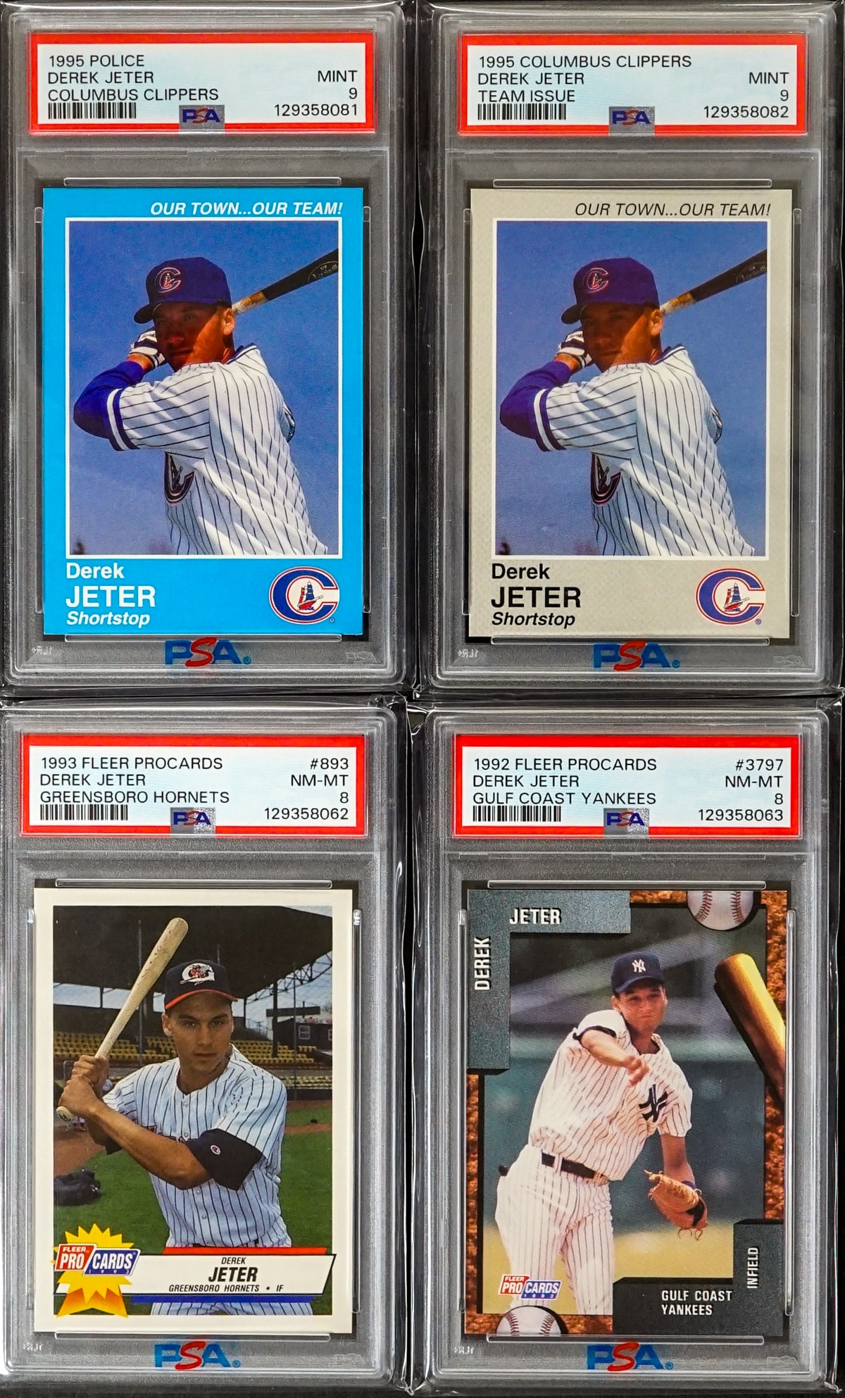 Derek Jeter Minor League PSA Graded Cards (4).: Derek Jeter Minor League PSA Graded Cards (4). For shipping purposes measures 5.5 x 3.5 x 1.5 inches. The absence of a condition report does not imply that the lot is in perfect condition or completel