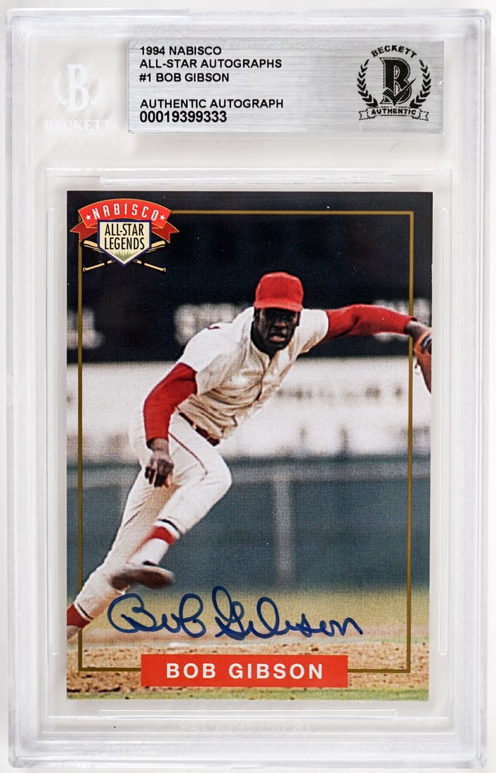 Bob Gibson Signed 1984 Nabisco Baseball Card: For shipping purposes measures 5 x 4 x 1 inches. The absence of a condition report does not imply that the lot is in perfect condition or completely free from wear and tear, imperfections, or the cond