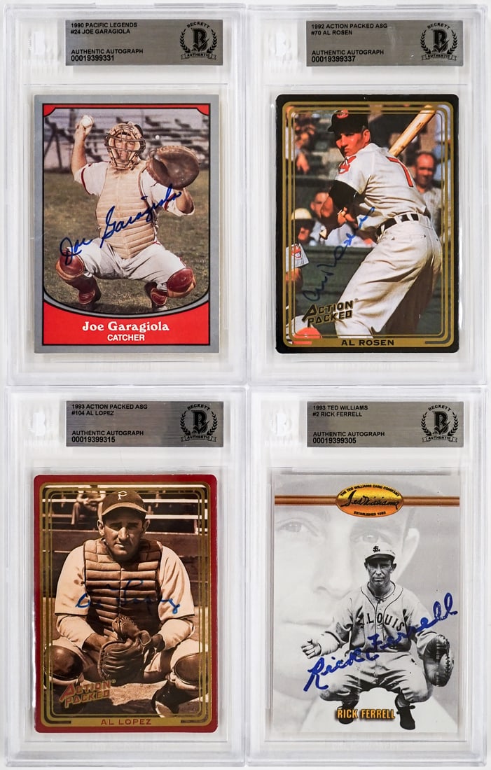 Four Signed Baseball Cards: For shipping purposes measures 5 x 4 x 2 inches. The absence of a condition report does not imply that the lot is in perfect condition or completely free from wear and tear, imperfections, or the cond