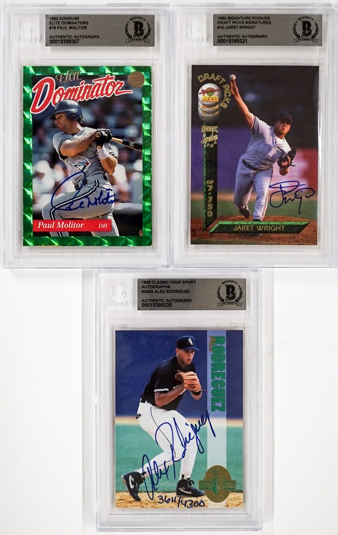 A-Rod, Paul Molitor, Jaret Wright Signed Cards: For shipping purposes measures 5 x 4 x 2 inches. The absence of a condition report does not imply that the lot is in perfect condition or completely free from wear and tear, imperfections, or the cond