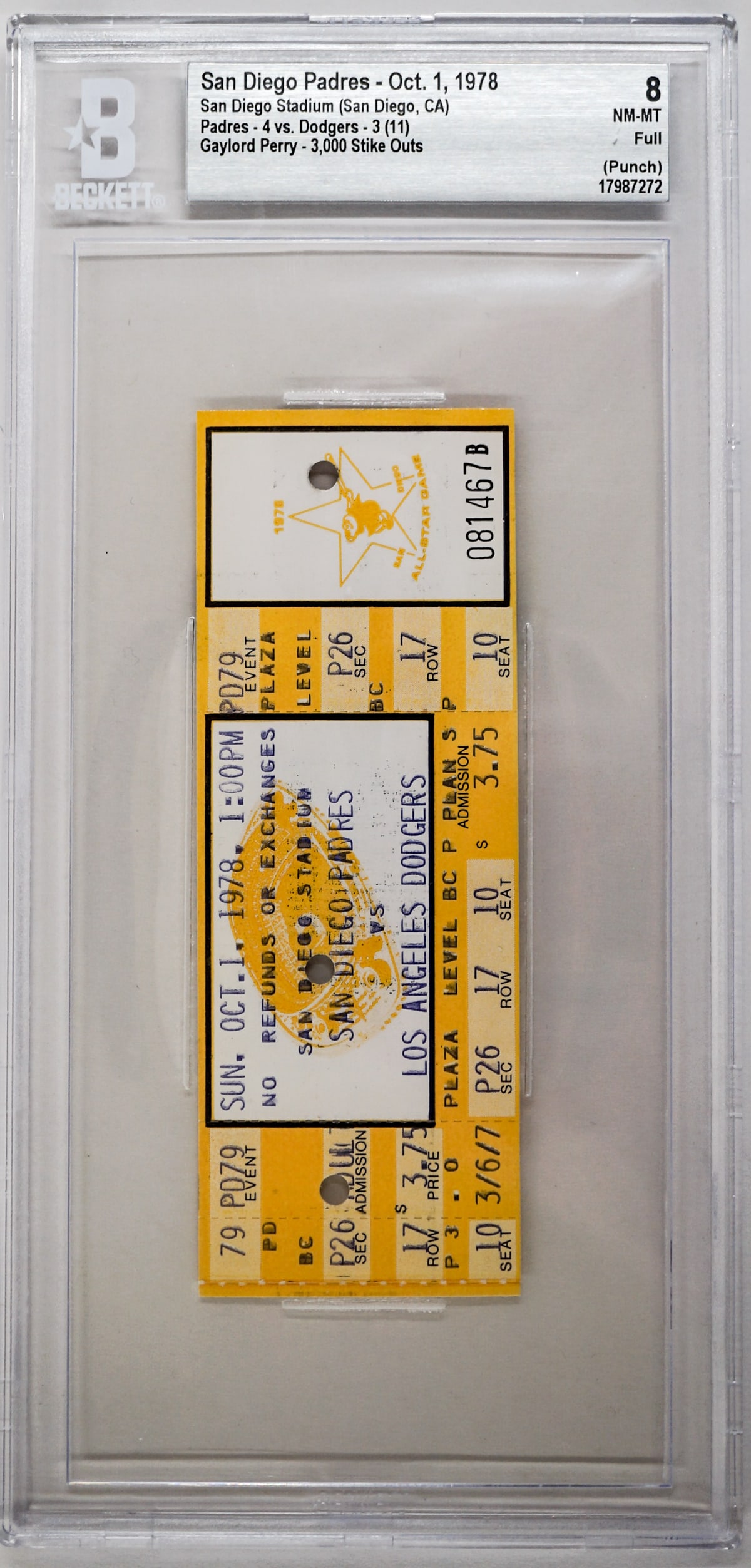 Gaylord Perry 3000th Strike Outs Game Ticket: For shipping purposes measures 10 x 5 x 1 inches. The absence of a condition report does not imply that the lot is in perfect condition or completely free from wear and tear, imperfections, or the con