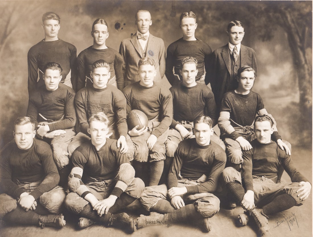 1918 Worcester Academy Football Team Lg Photo: 1918 Worcester Academy (Worcester, Massachusetts) Football Team Large Format Photo. Measures 10 x 13 inches image and 14 x 17 inches total. Unframed, an antique mounted photograph as issued. For shipp