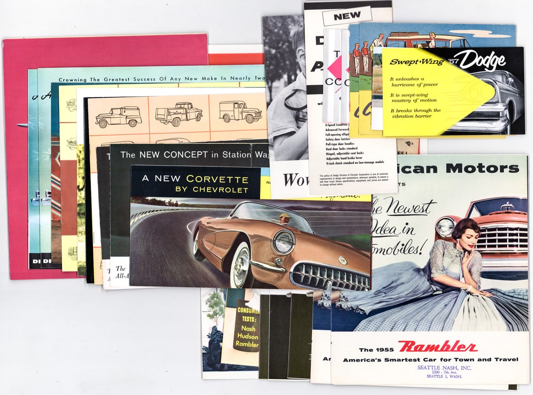 Rambler, Volvo, Chevrolet & More Vintage Brochures: Most or all date from the 1950's and are in EX+/Near Mint condition. For shipping purposes the lot measures 15 x 12 x .5 inches sleeved. The absence of a condition report does not imply that the lot i