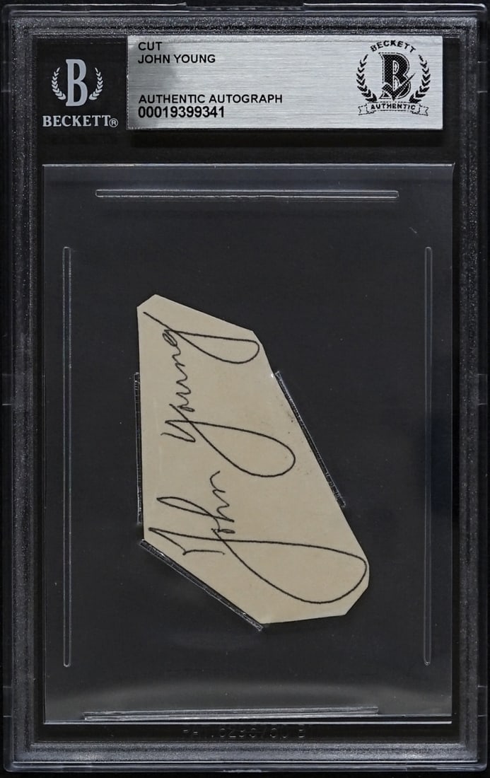 John Young (Astronaut, d. 2018) Signed Cut: For shipping purposes the lot measures 5.5 x 3.5 x .25 inches encapsulated. The absence of a condition report does not imply that the lot is in perfect condition or completely free from wear and tear,