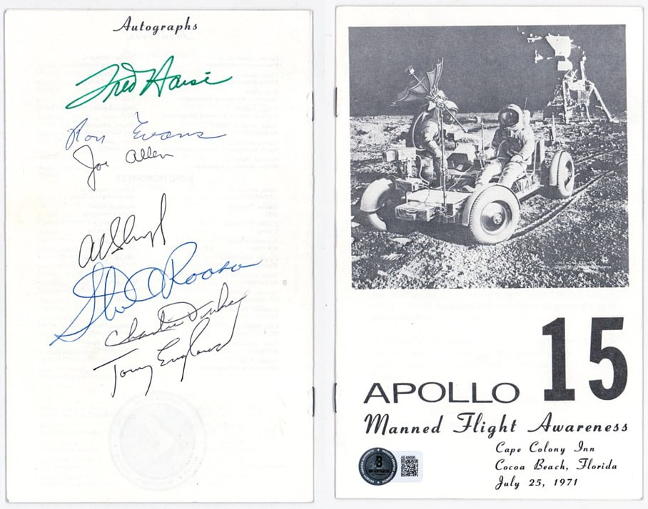 Apollo Members Autographed Program BAS LOA: Apollo Space Program Members Autographed Program BAS LOA. Measures 8 x 5 inches. Includes Beckett Authentication Services Full Letter of Authenticity #AE48696. Signed by Fred Haise, Ron Evans, Joe All
