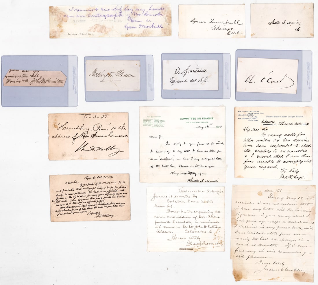 19th C. Autographs. Government, Lawyers...: John Marshall Hamilton, the 18th Governor of Illinois, James Cook Conkling, George Read Sage, Washington Gladden, William J. Mitchell, Charles O'Connor, John F. McKinney, William D. Kelley (1814-1890)
