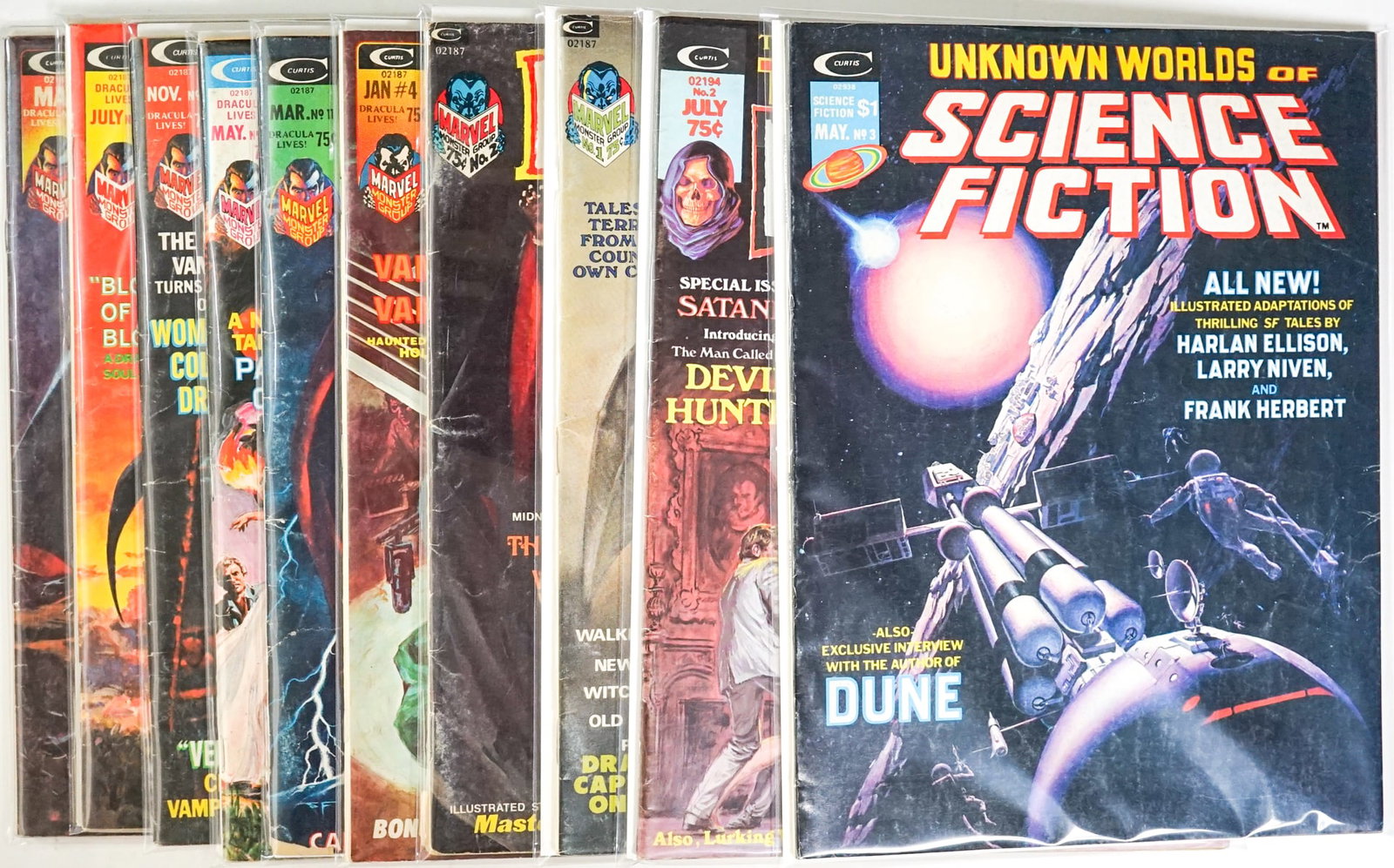 [Marvel Magazines, Dracula Lives] Ten Issues: Mixed condition. Measures 15 x 11 x 3 inches for shipping purposes. The absence of a condition report does not imply that the lot is in perfect condition or completely free from wear and tear, imperfe