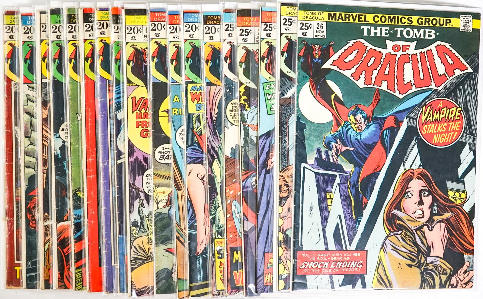 [Marvel] Tomb of Dracula Comic Books (18): Mixed condition. Measures 15 x 11 x 3 inches for shipping purposes. The absence of a condition report does not imply that the lot is in perfect condition or completely free from wear and tear, imperfe