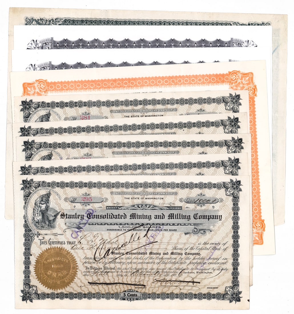 (9) Washington State & Canada Stock Certificates: For shipping purposes measures 13 x 10 x .25 inches. The absence of a condition report does not imply that the lot is in perfect condition or completely free from wear and tear, imperfections, or the