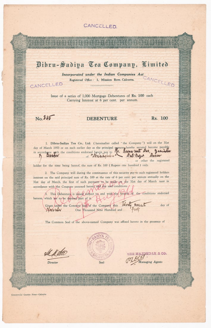 Dibru-Sadiya (Calcutta, India) Stock Certificate: For shipping purposes measures 13 x 10 x .25 inches. The absence of a condition report does not imply that the lot is in perfect condition or completely free from wear and tear, imperfections, or the