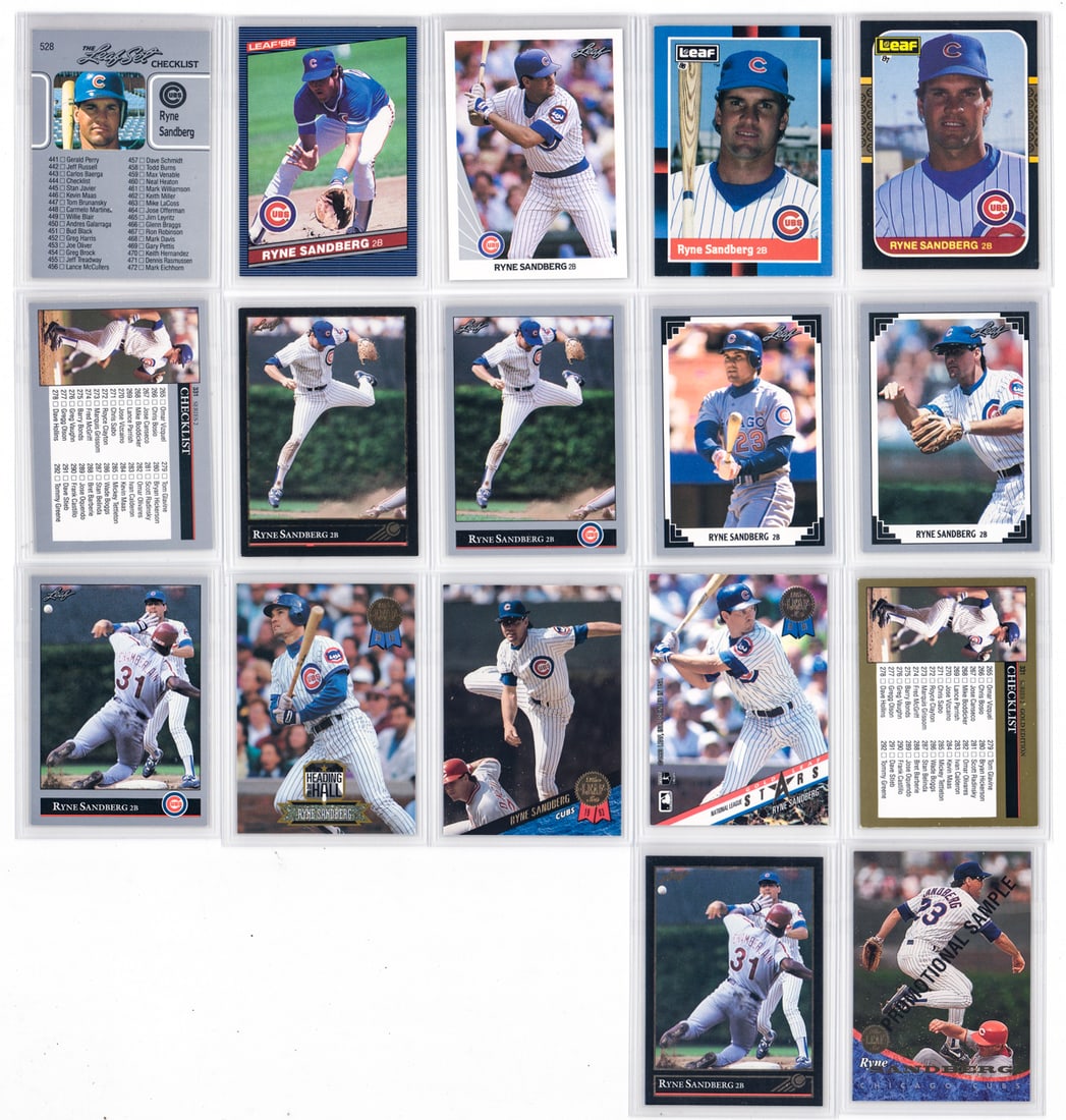Ryne Sandberg HIGH GRADE Leaf Baseball Cards (16): All appear to be pack fresh (NM-MT/MT). However, the condition report is provided as an opinion only and in no way is a guarantee nor warranty if card or cards are submitted to a third party grading c