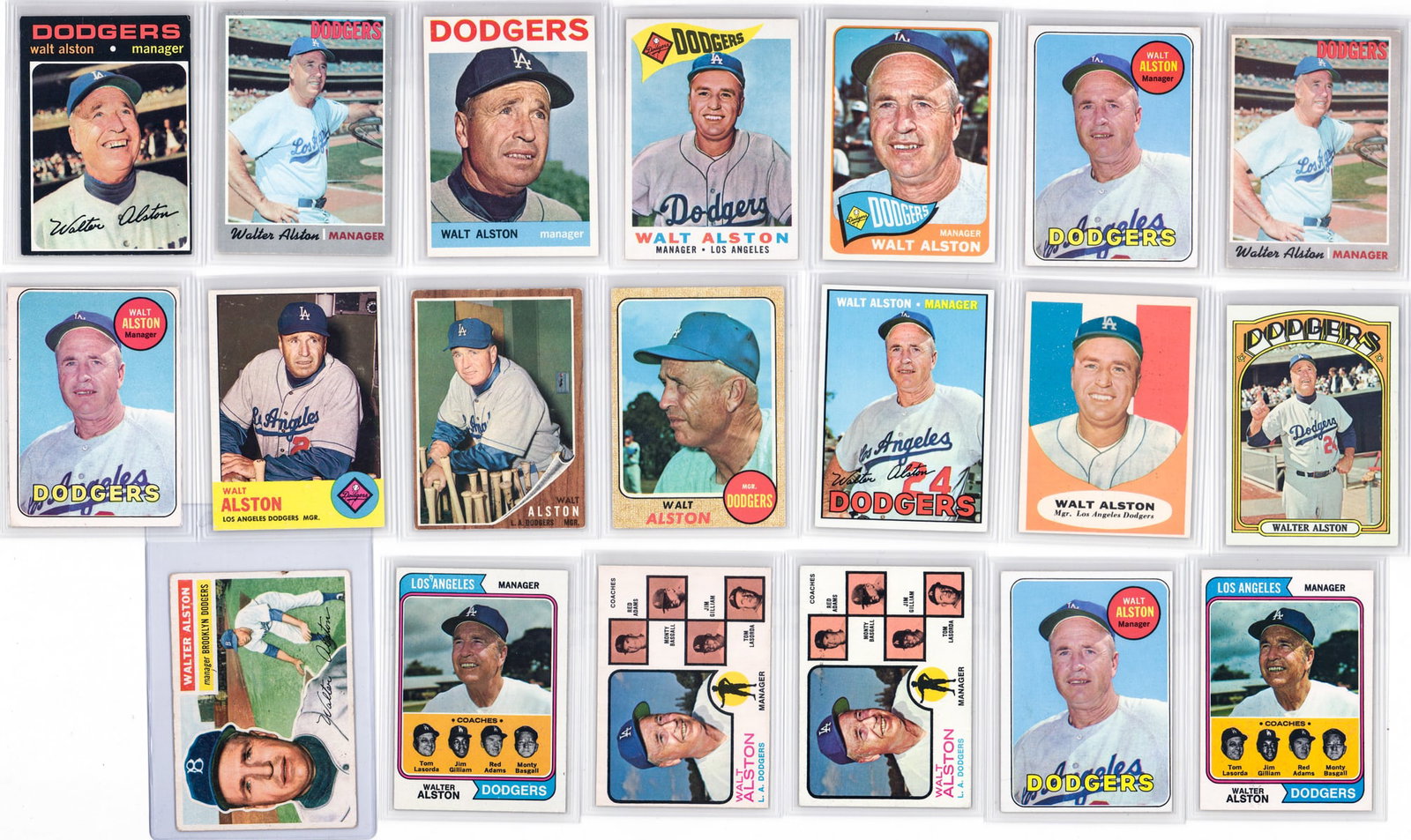 Walt Alston Topps & O-Pee-Chee Cards (20): [Topps and O-Pee-Chee] Mixed condition, most EX or better. However, the condition report is provided as an opinion only and in no way is a guarantee nor warranty if card or cards are submitted to a th