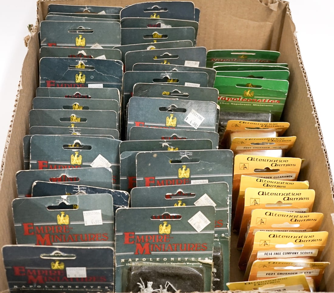 TTRPG, War Games Miniatures MOC Some Cards As-Is: Empire (36), Alternative Armies (10) and Napoleonettes (5). Lot measures 16 x 12 x 4 in. for shipping purposes. The absence of a condition report does not imply that the lot is in perfect condition or
