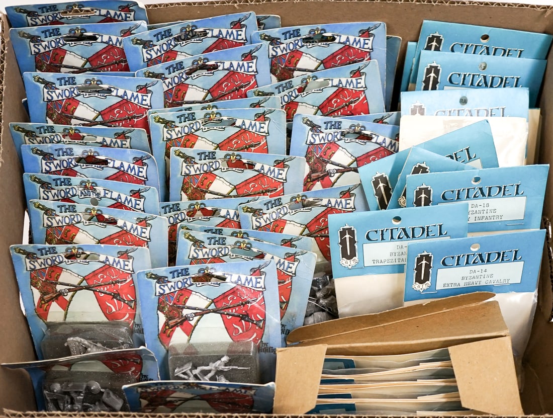 The Sword Flame Citadel (30 pcs): Lot measures 16 x 12 x 4 in. for shipping purposes. The absence of a condition report does not imply that the lot is in perfect condition or completely free from wear and tear, imperfections, or the c