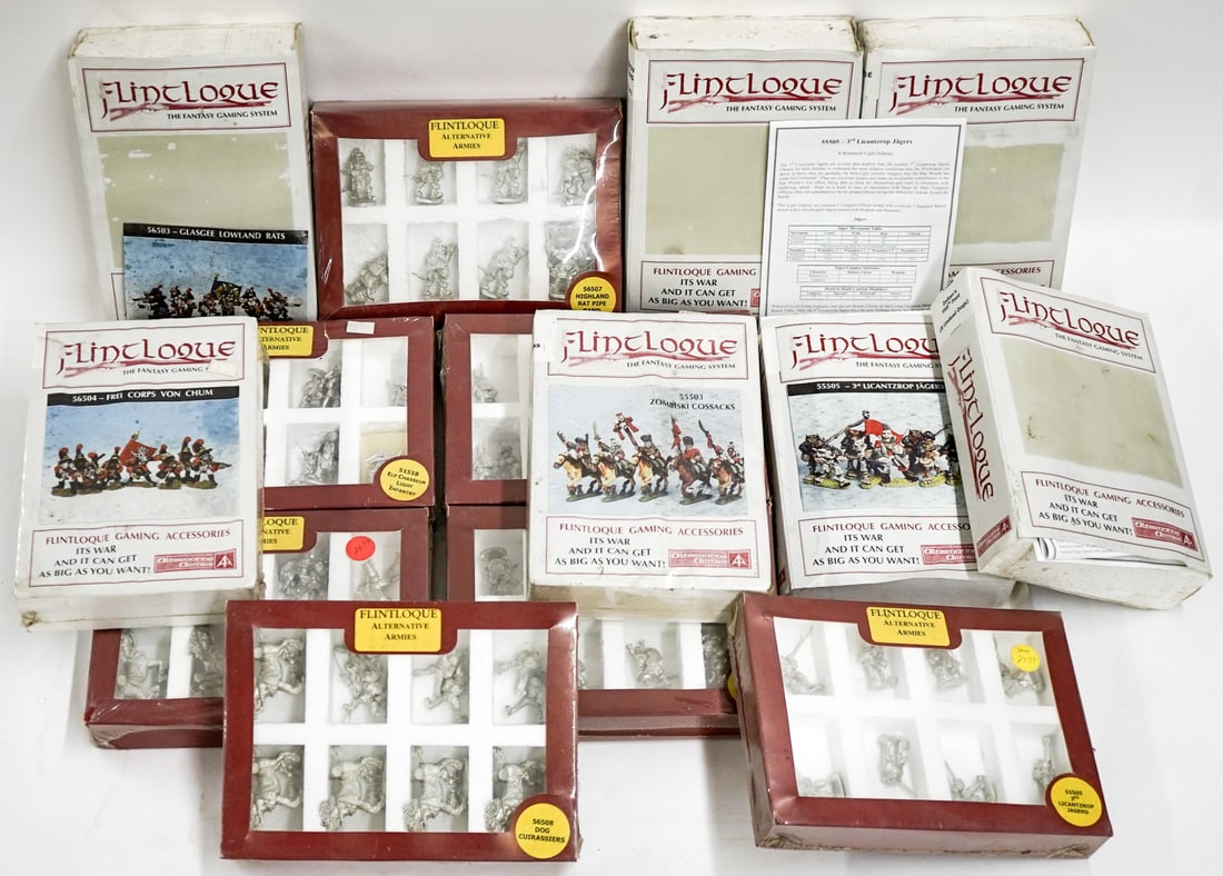 (14 pcs) Flintloque: (9) sealed. Opened sets appear complete and are not painted. Lot measures 16 x 12 x 4 in. for shipping purposes. The absence of a condition report does not imply that the lot is in perfect condition o