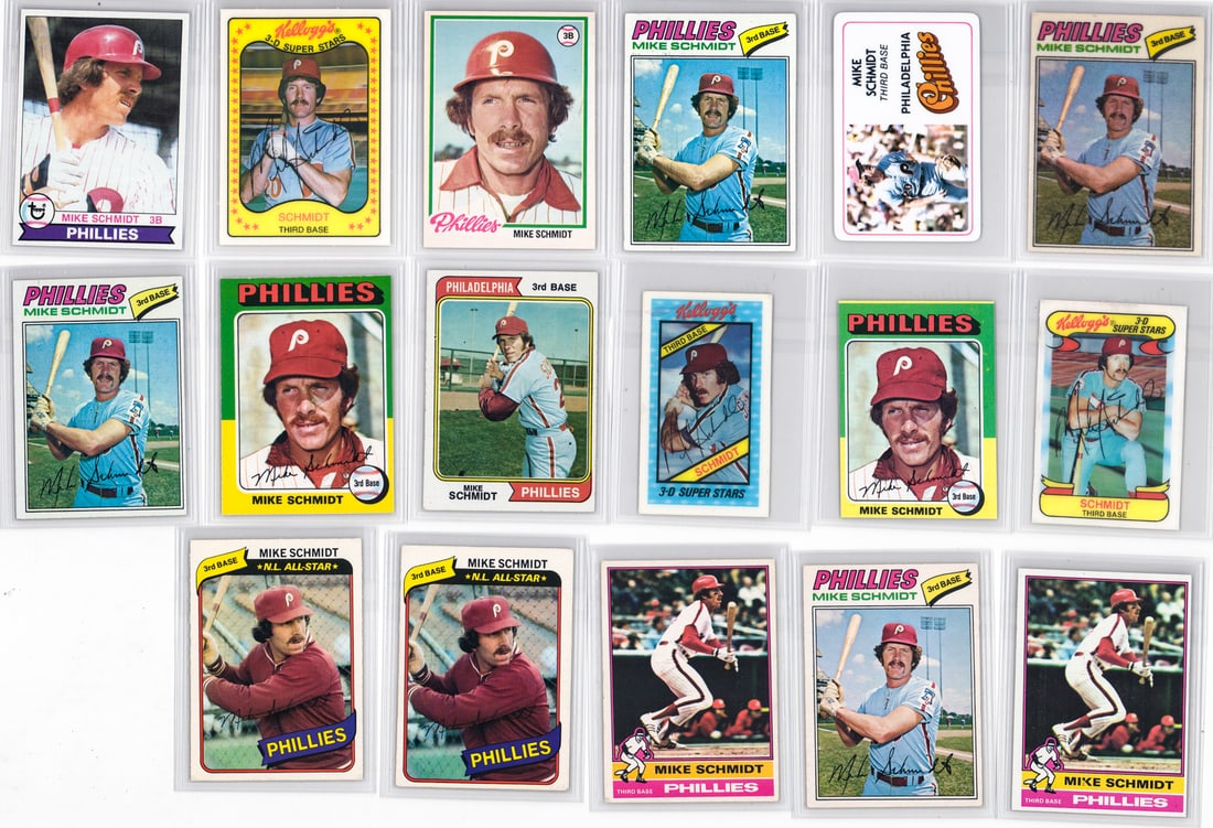 Mike Schmidt Topps & O-Pee-Chee BB Cards (17): Mixed condition, many EX-MT or better, a nice lot from an advanced collector. However, the condition report is provided as an opinion only and in no way is a guarantee nor warranty if card or cards ar