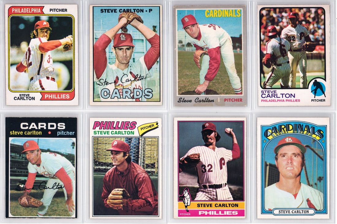 Steve Carlton Vintage O-Pee-Chee Baseball Cards 8: Mixed condition, most appearing excellent or better, a nice lot from an advanced collector. However, the condition report is provided as an opinion only and in no way is a guarantee nor warranty if ca