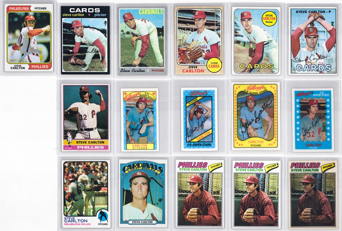 Steve Carlton Vintage Baseball Cards (16): Mixed condition, most appearing excellent or better, a nice lot from an advanced collector. However, the condition report is provided as an opinion only and in no way is a guarantee nor warranty if ca