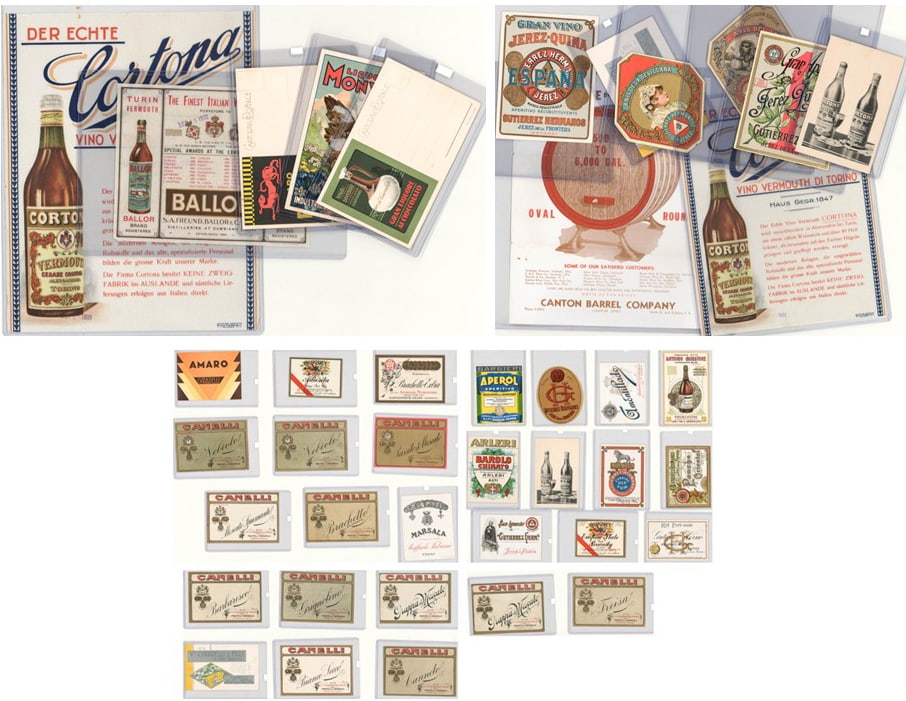 1930's / 1940's Wine Labels, Ad Cards and Labels: 1) Twenty-eight (28) vintage postcards and labels. Found years ago in the walls of a building in Chicago. 2) Five (5) vintage advertising postcards and signs. Measure from 3.5 x 5.5 in. to 10.75 x 8.5