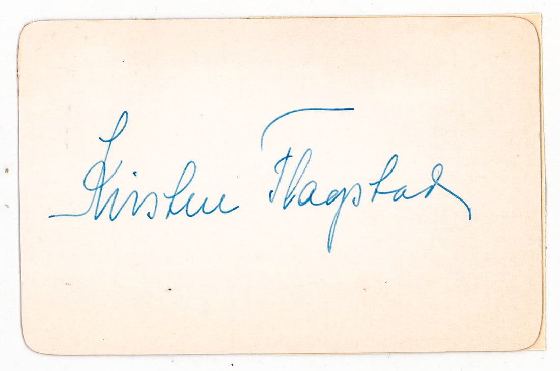Kirsten Flagstad SIGNED Index Card: Kirsten Flagstad (Norwegian Opera Singer - 1895-1962) signed album page / index card. Lot measures 4.5 x 7 x .125 in. for shipping purposes. Signed (Autographed) book/s and other material not includin