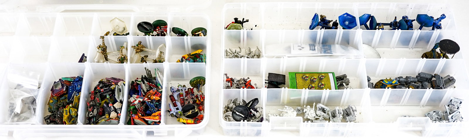 War Games Metal / Lead Miniatures [Toys]: Assortment of War Games metal / lead miniatures. Includes two (2) compartmentalized plastic containers that each measure 14 x 9 x 2 in. May contain empty bins (see photos). Lot measures 14 x 9 x 4 in.