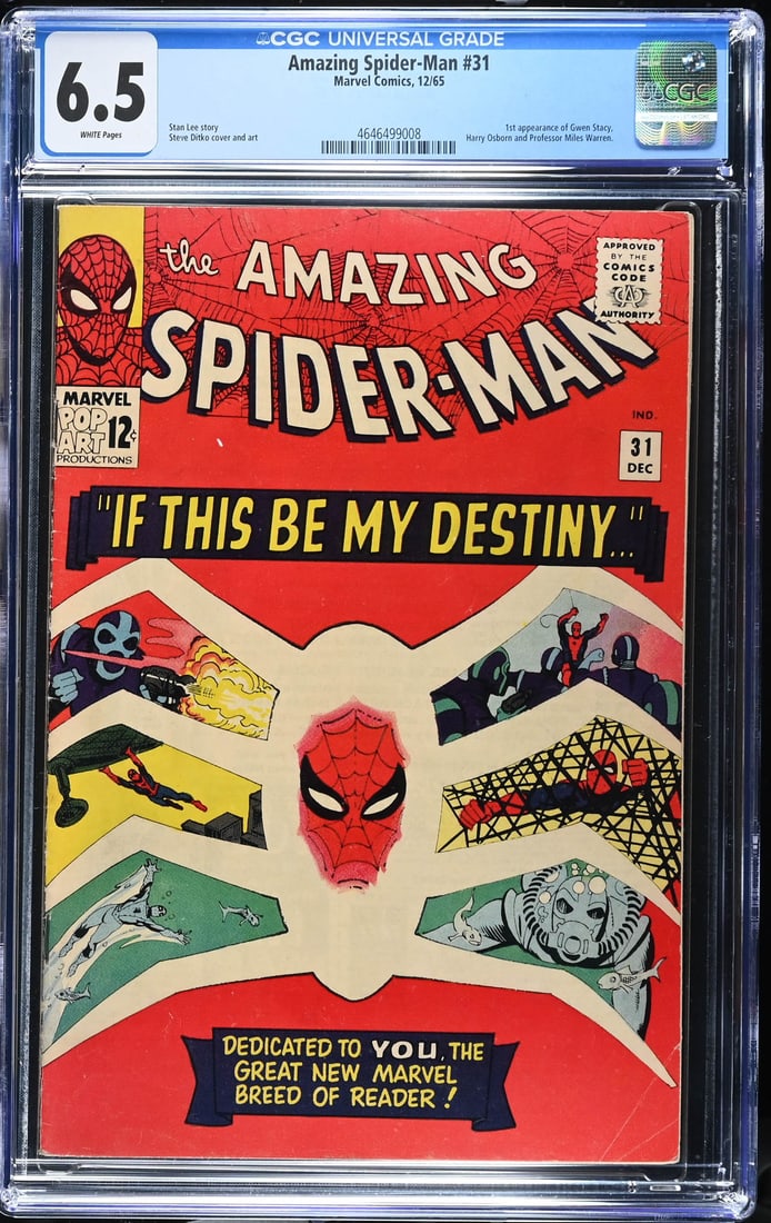 Amazing Spider-Man #31 (12/65) CGC 6.5: Amazing Spider-Man #31 (12/65) CGC 6.5.WHITE PAGES.1st appearance of Gwen Stacy,Harry Osborn and Professor Miles Warren.Stan Lee storySteve Ditko cover and artThe absence of a condition report does no