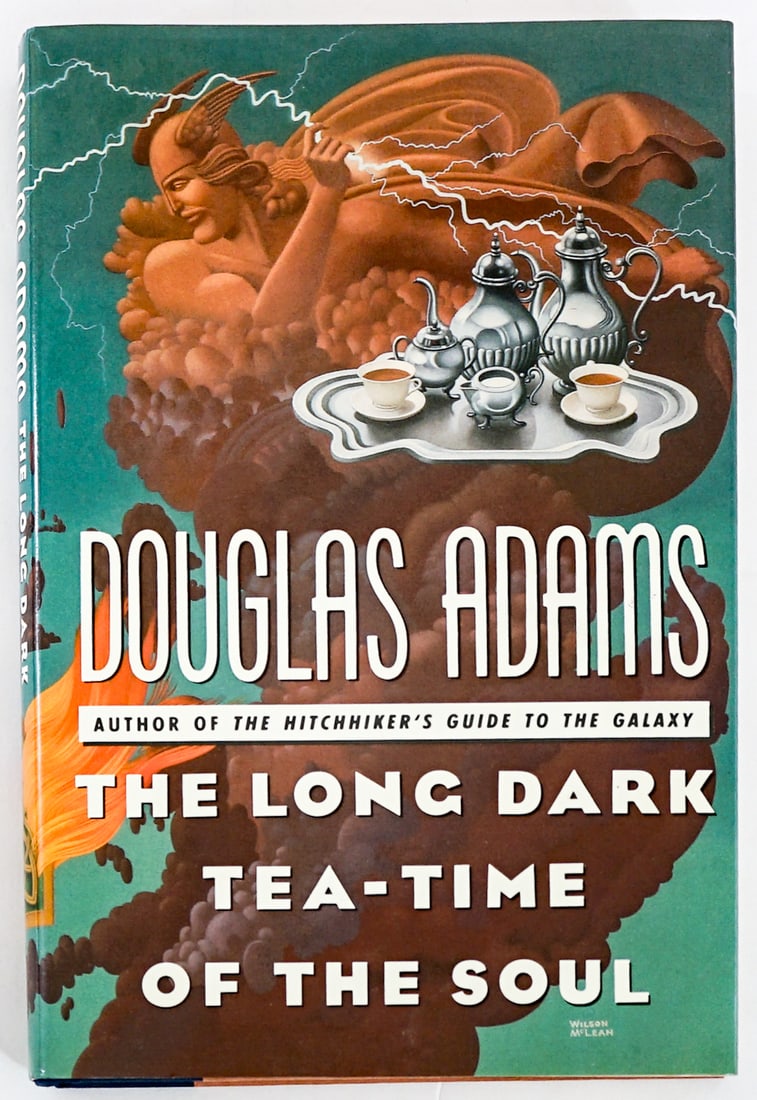 Douglas Adams - Tea-Time of the Soul SIGNED 1988: The Long Dark Tea-Time of the Soul by Douglas Adams signed on title page. Simon and Schuster 1988 1st edition with unclipped dust jacket. 319 pp. Two-tone covers. Book lot measures 9.5 in. H x 6.25 in