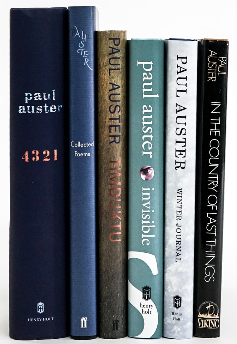 Paul Auster (6) SIGNED 1ST Editions: 1) Timbuktu. 2) Winter Journal. 3) In the Country of Last Things. 4) Invisible. 5) 4321. 6) Collected Poems. Book measures 9.5 in. H x 6.5 in. W x 6.5 in D for shipping purposes. Signed (Autographed)