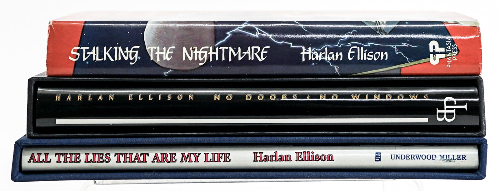 Harlan Ellison (3) Signed: 1) All the Lies That are My Life with slipcase. Numbered 283 of 300 copies. 2) No Doors, No Windows with slipcase. Numbered 233 of 1000 copies. 3) Stalking the Nightmare. 1st edition. Book lot