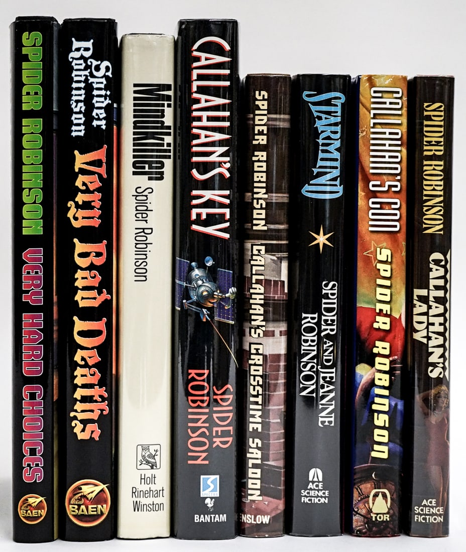 Spider Robinson First Editions (8): Spider Robinson First Editions (8). Unsigned. Books are in EX+/NM condition (Like-New). These books are from an odor free and smoke-free home. Book lot measures 17 x 13 x 7 inches for shipping