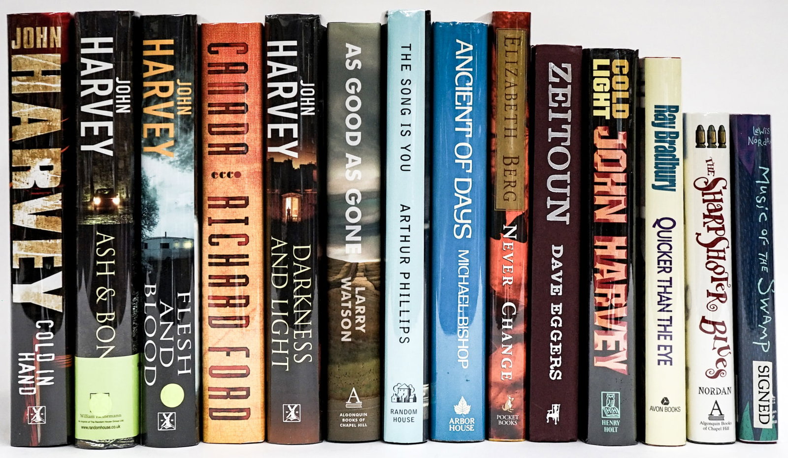 Author Signed First Editions (14): All are author signed, NONE are inscribed nor personalized. John Harvey and others. Books are in EX+/NM condition (Like-New). These books are from an odor free and smoke-free home. Book lot measures 1