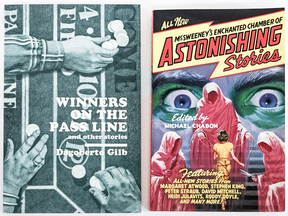 Two (2) SIGNED SOFTCOVERS [Chabon; Gilb]: 1) McSweeny's Astonishing Stories edited by Michael Chabon SIGNED. Vintage 2004. 2) Winners on the Pass Line and other stories by Dagoberto Gilb SIGNED. Cinco Puntos Press 1985 1st 1st. Book lot measu